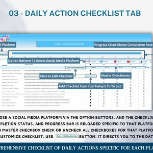 K&ouml;nnte beinhalten: Eine Registerkarte mit einer t&auml;glichen Aktions-Checkliste f&uuml;r das Social-Media-Management. Die Checkliste enth&auml;lt eine Fortschrittsleiste, Master-Kontrollk&auml;stchen und Optionsfelder zur Auswahl einer Social-Media-Plattform. Der Text "Enter/Edit Checklist Item" ist sichtbar.