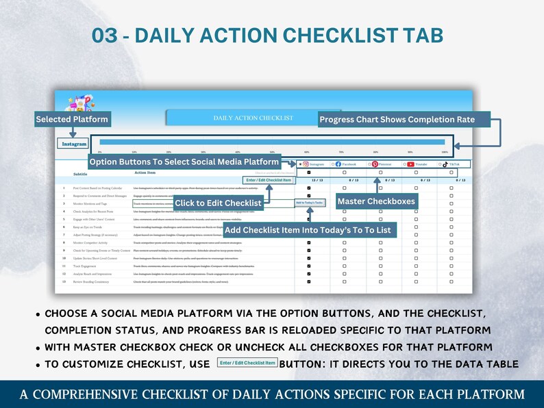 K&ouml;nnte beinhalten: Eine Registerkarte mit einer t&auml;glichen Aktions-Checkliste f&uuml;r das Social-Media-Management. Die Checkliste enth&auml;lt eine Fortschrittsleiste, Master-Kontrollk&auml;stchen und Optionsfelder zur Auswahl einer Social-Media-Plattform. Der Text "Enter/Edit Checklist Item" ist sichtbar.