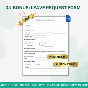 K&ouml;nnte beinhalten: Ein druckbares und anpassbares Formular f&uuml;r die Beantragung von Urlaub f&uuml;r Mitarbeiter im DOCX-Dateiformat. Das Formular enth&auml;lt Abschnitte f&uuml;r Mitarbeiterinformationen, den beantragten Urlaub, den Grund f&uuml;r die Beantragung und die Entscheidung des Vorgesetzten. Das Formular ist mit "Druckbar!!" und "Anpassbar" gekennzeichnet.