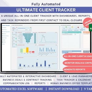 以下が含まれることがあります： ラップトップの画面に「ULTIMATE CLIENT TRACKER」ソフトウェアのインターフェースが表示されています。ソフトウェアには、ダッシュボード、レポート、タスクリマインダーが含まれています。「ALL-IN-ONE CLIENT & LEAD TRACKER」、「MONITOR DEALS & CONTRACTS」、「GENERATE REPORTS」などのテキストが含まれています。