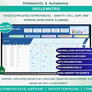 Op de afbeelding: Een blauw en wit computerscherm dat een spreadsheet weergeeft met de titel "Vaardigheidsmatrix". De spreadsheet wordt gebruikt om de competenties van werknemers te beoordelen, vaardigheidshiaten te identificeren en de personeelsbeplanning te verbeteren. Het scherm toont ook de tekst "Real-Time Dashboard" en "Geautomatiseerde Excel-software | Direct downloaden | 2 tabbladen".