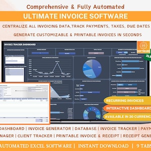 Puede incluir: Gráfico naranja y blanco que promociona "ULTIMATE INVOICE SOFTWARE". El software centraliza datos de facturación, rastrea pagos y genera facturas personalizables. Cuenta con un panel interactivo, facturas recurrentes y disponibilidad en 30 divisas. Software Excel automatizado con 9 pestañas.
