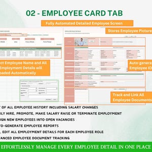 May include: A digital interface labeled "02 - EMPLOYEE CARD TAB" with detailed employee information. Features include automated data loading, employee ID generation, and document tracking. Text highlights employee history, salary changes, and document management.