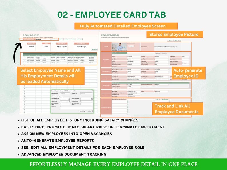 May include: A digital interface labeled "02 - EMPLOYEE CARD TAB" with detailed employee information. Features include automated data loading, employee ID generation, and document tracking. Text highlights employee history, salary changes, and document management.