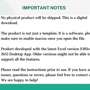 K&ouml;nnte beinhalten: Wichtige Hinweise zu einem digitalen Produkt. Das Produkt ist eine Software, keine Vorlage, und erfordert die Aktivierung von Makros. Es wurde f&uuml;r die neueste Excel-Version (Office 365) entwickelt und &auml;ltere Versionen unterst&uuml;tzen m&ouml;glicherweise nicht alle Funktionen. Anweisungen werden bereitgestellt und Benutzer k&ouml;nnen sich bei Problemen an den Verk&auml;ufer wenden.