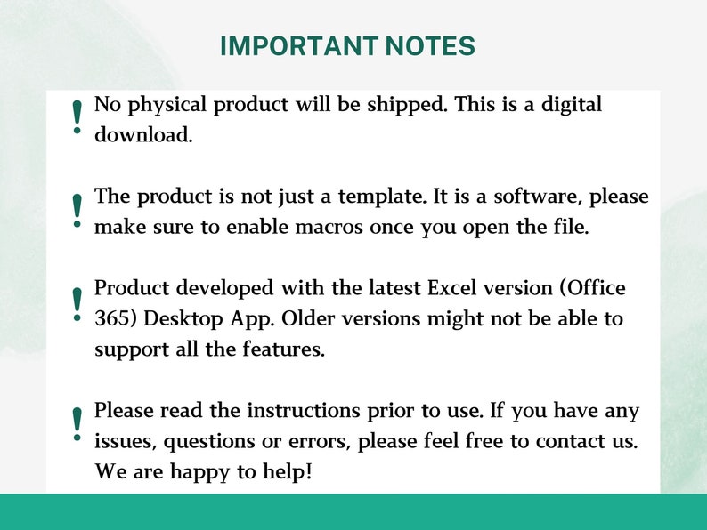 K&ouml;nnte beinhalten: Wichtige Hinweise zu einem digitalen Produkt. Das Produkt ist eine Software, keine Vorlage, und erfordert die Aktivierung von Makros. Es wurde f&uuml;r die neueste Excel-Version (Office 365) entwickelt und &auml;ltere Versionen unterst&uuml;tzen m&ouml;glicherweise nicht alle Funktionen. Anweisungen werden bereitgestellt und Benutzer k&ouml;nnen sich bei Problemen an den Verk&auml;ufer wenden.