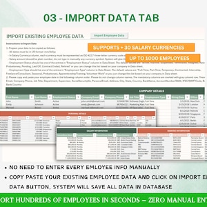May include: A screenshot of a software interface labeled "03 - IMPORT DATA TAB." The interface includes instructions for importing employee data, supporting up to 30 salary currencies and up to 1000 employees. Several spreadsheets are visible with employee details.