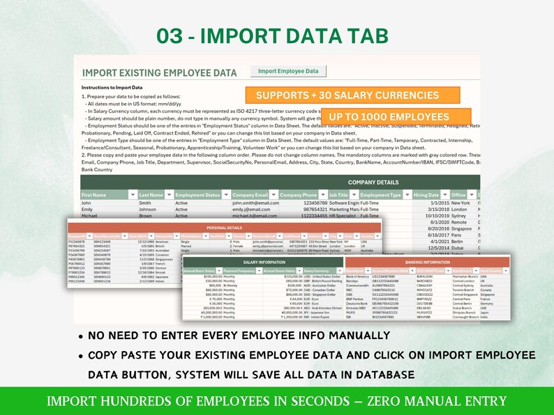 May include: A screenshot of a software interface labeled "03 - IMPORT DATA TAB." The interface includes instructions for importing employee data, supporting up to 30 salary currencies and up to 1000 employees. Several spreadsheets are visible with employee details.