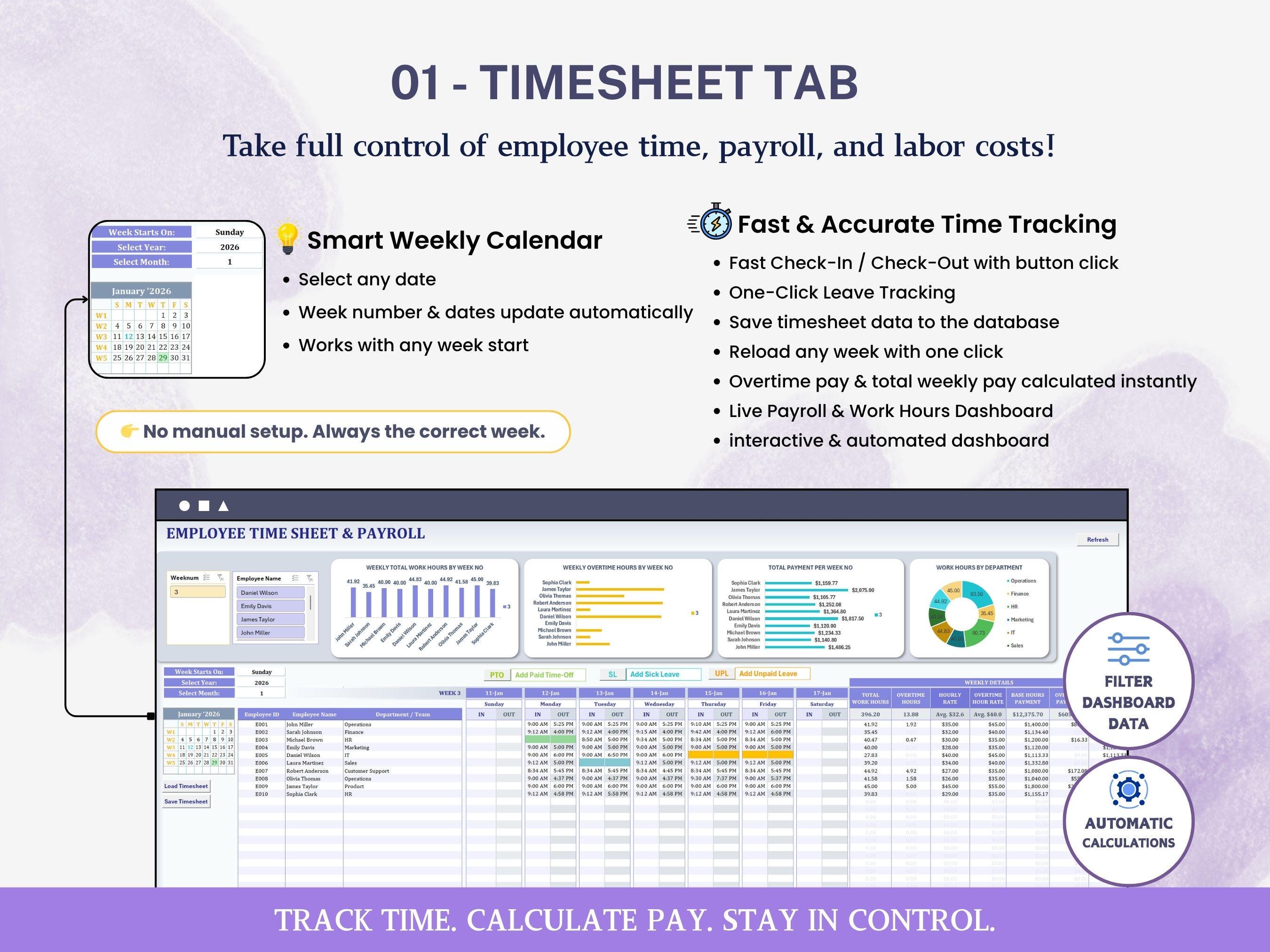 Employee Time Sheet Work Time Tracker Excel Spreadsheet Overtime ...