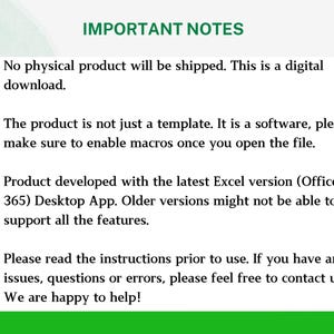 May include: A white background with green accents displays the text "IMPORTANT NOTES" in green. The text provides information about a digital product, including instructions for use and software requirements. The image is a digital download.