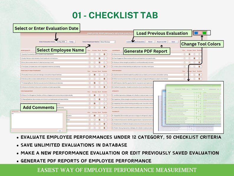 HR Efficiency Tool Employee Performance Review Tool Customizable Review Checklist Performance Management Excel Staff Appraisal System Company Evaluation Template Digital Download