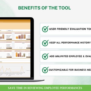 May include: A laptop screen displaying a performance review tool with a chart and graphs. The benefits of the tool are listed below the screen: User Friendly Evaluation Tool, Keep All Performance History, Add Unlimited Employee & Evaluation, Customizable for Business Needs. The text "Save Time in Reviewing Employee Performances" is at the bottom of the image.