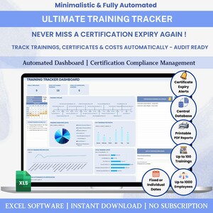 May include: A laptop screen displaying a training tracker dashboard with charts, a calendar, and data tables. Text includes ULTIMATE TRAINING TRACKER, AUTOMATED DASHBOARD, and features like Certificate Expiry Alerts and Central Database.