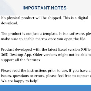 Puede incluir: Notas importantes sobre un producto digital. El producto es un software, no una plantilla, y requiere habilitar las macros. Fue desarrollado para la &uacute;ltima versi&oacute;n de Excel (Office 365) y las versiones anteriores pueden no admitir todas las funciones. Se proporcionan instrucciones y los usuarios pueden ponerse en contacto con el vendedor para cualquier problema.