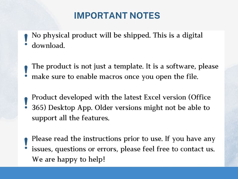 Puede incluir: Notas importantes sobre un producto digital. El producto es un software, no una plantilla, y requiere habilitar las macros. Fue desarrollado para la &uacute;ltima versi&oacute;n de Excel (Office 365) y las versiones anteriores pueden no admitir todas las funciones. Se proporcionan instrucciones y los usuarios pueden ponerse en contacto con el vendedor para cualquier problema.