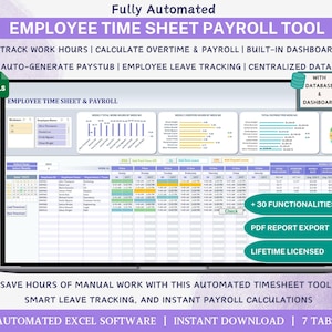 Panel de Excel de la hoja de horas de los empleados Hoja de cálculo de seguimiento detallado de la hoja de horas Plantilla de calculadora de nómina Rastreador de registro de horas trabajadas de los empleados