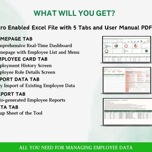 May include: An informational graphic with the text "WHAT WILL YOU GET?" and details about a macro-enabled Excel file. The file includes 5 tabs and a user manual. The tabs are for the homepage, employee card, import data, report, and data.