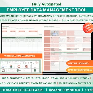 Può includere: Schermata di uno strumento di gestione dei dati dei dipendenti. L'interfaccia presenta tabelle di dati, grafici e diagrammi. Il testo recita "Employee Data Management Tool". Ulteriore testo evidenzia funzionalità come dashboard in tempo reale.