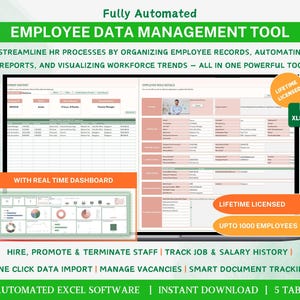 May include: A digital display of an employee data management tool, featuring data tables, charts, and graphs. The interface highlights features such as real-time dashboards and automated Excel software. The image also includes the text "Lifetime Licensed" and "Upto 1000 Employees".