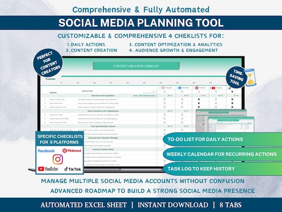 Social Media Task Planner Excel Spreadsheet Digital Marketing Tiktok Facebook Instagram Planner Social Media Manager Template