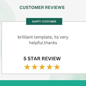K&ouml;nnte beinhalten: Eine Kundenbewertung mit einer 5-Sterne-Bewertung. Die Bewertung lautet: "brillante Vorlage, sie ist sehr hilfreich. Danke".