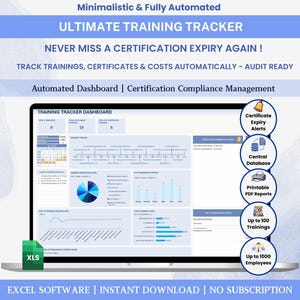 Pode incluir: Um ecrã de laptop mostra um painel de controlo de rastreamento de treinamento com gráficos. O texto diz "ULTIMATE TRAINING TRACKER" e "NEVER MISS A CERTIFICATION EXPIRY AGAIN!". Inclui alertas de expiração de certificado e relatórios PDF imprimíveis.