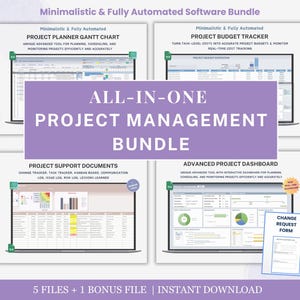 Paquete de plantillas de Excel para gestión de proyectos: Diagrama de Gantt con dependencias y seguimiento de tareas.