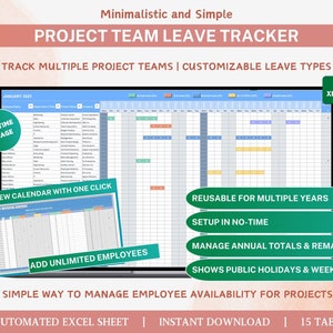 Puede incluir: Una pantalla de ordenador que muestra una hoja de cálculo con un calendario para enero de 2025. La hoja de cálculo se titula "Project Team Leave Tracker" e incluye funciones como "Track Multiple Project Teams", "Customizable Leave Types", "Create New Calendar with One Click", "Add Unlimited Employees", "Reusable for Multiple Years", "Setup in No-Time", "Manage Annual Totals & Remainings", "Shows Public Holidays & Weekends", "Simple Way to Manage Employee Availability for Projects", "Automated Excel Sheet", "Instant Download", and "15 Tabs".