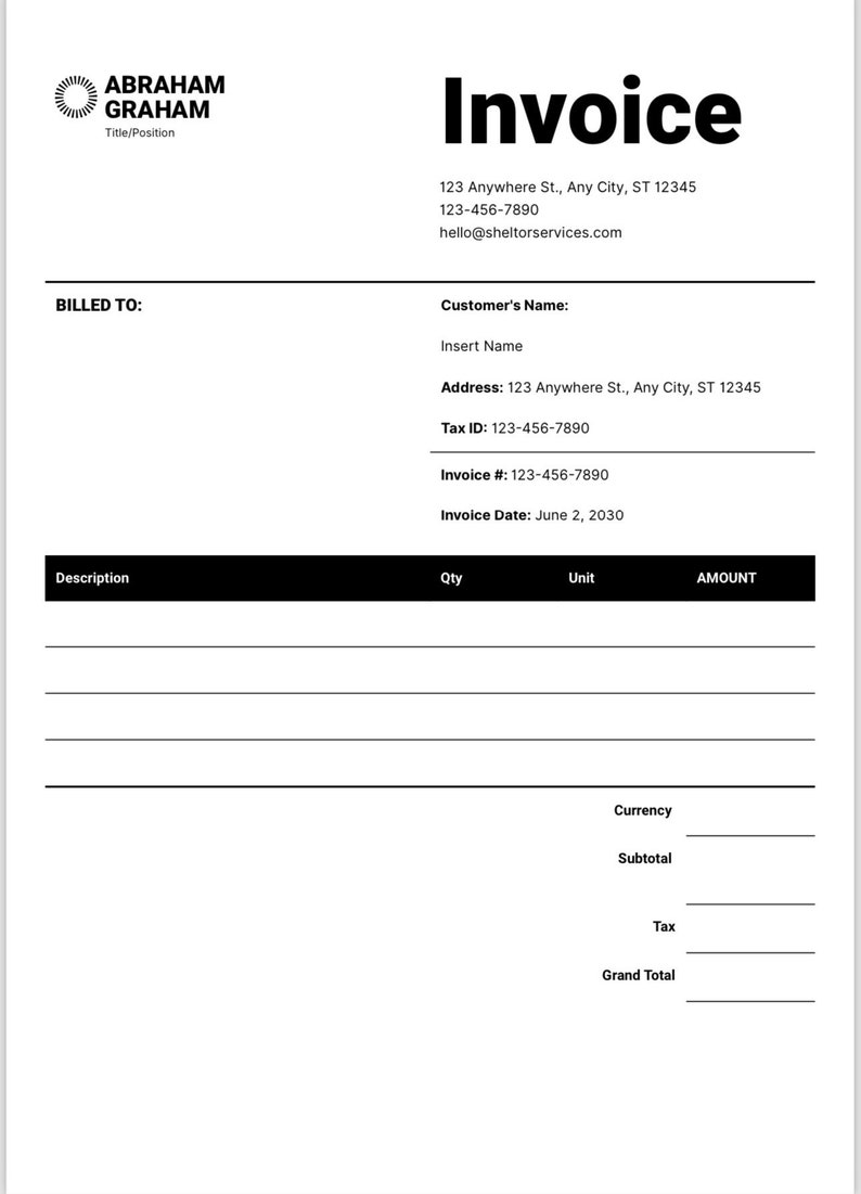 Simple Invoice Template Etsy