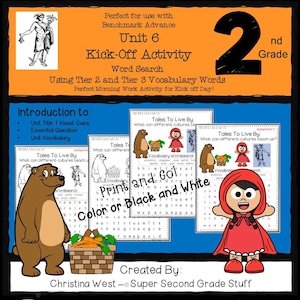 May include: A printable word search activity for second grade students. The activity features two different word searches, one with a bear and one with a girl in a red hood. The title of the activity is "Tales To Live By" and the text "Print and Go! Color or Black and White" is included.