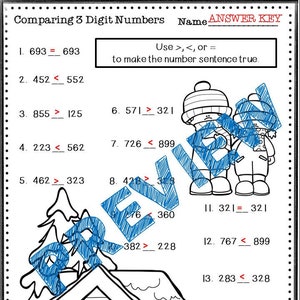 May include: A black and white worksheet with a winter theme. The worksheet is titled "Comparing 3 Digit Numbers" and includes 15 maths problems. Each problem asks students to compare two three-digit numbers using the symbols >, <, or = to make the number sentence true.