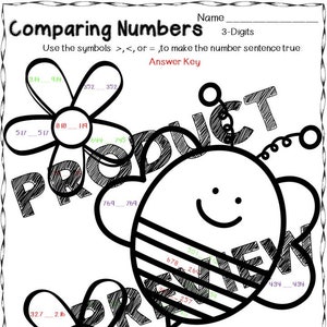 May include: A black and white worksheet featuring a bee illustration. The worksheet is for comparing three-digit numbers using the symbols greater than, less than, or equal to. The answer key is included. The worksheet is designed for second grade students.