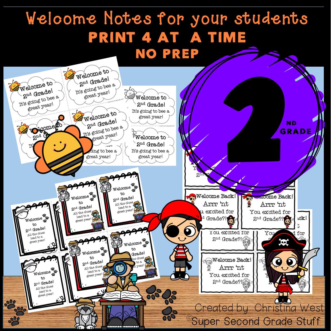 2nd Grade | Welcome Back Note for Students | No Prep-Print 4 to a Page| First Day of School | Color or Black and White