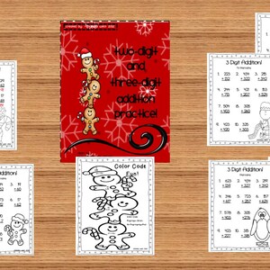 May include: A set of printable worksheets for practicing two-digit and three-digit addition problems. The worksheets feature a Christmas theme with gingerbread men and penguins. The title of the worksheets is "Two-digit and three-digit addition practice!"