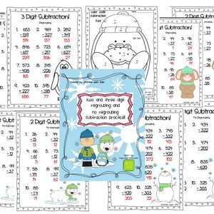 May include: A set of printable worksheets for practicing two and three digit subtraction with and without regrouping. The worksheets feature a winter theme with illustrations of penguins, polar bears, and snowmen.