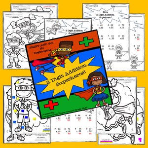 May include: A printable worksheet featuring two-digit addition problems with no regrouping. The worksheet is designed to look like a superhero with a red cape and yellow star. The worksheet includes a color key and directions for coloring the superhero based on the answers to the math problems.