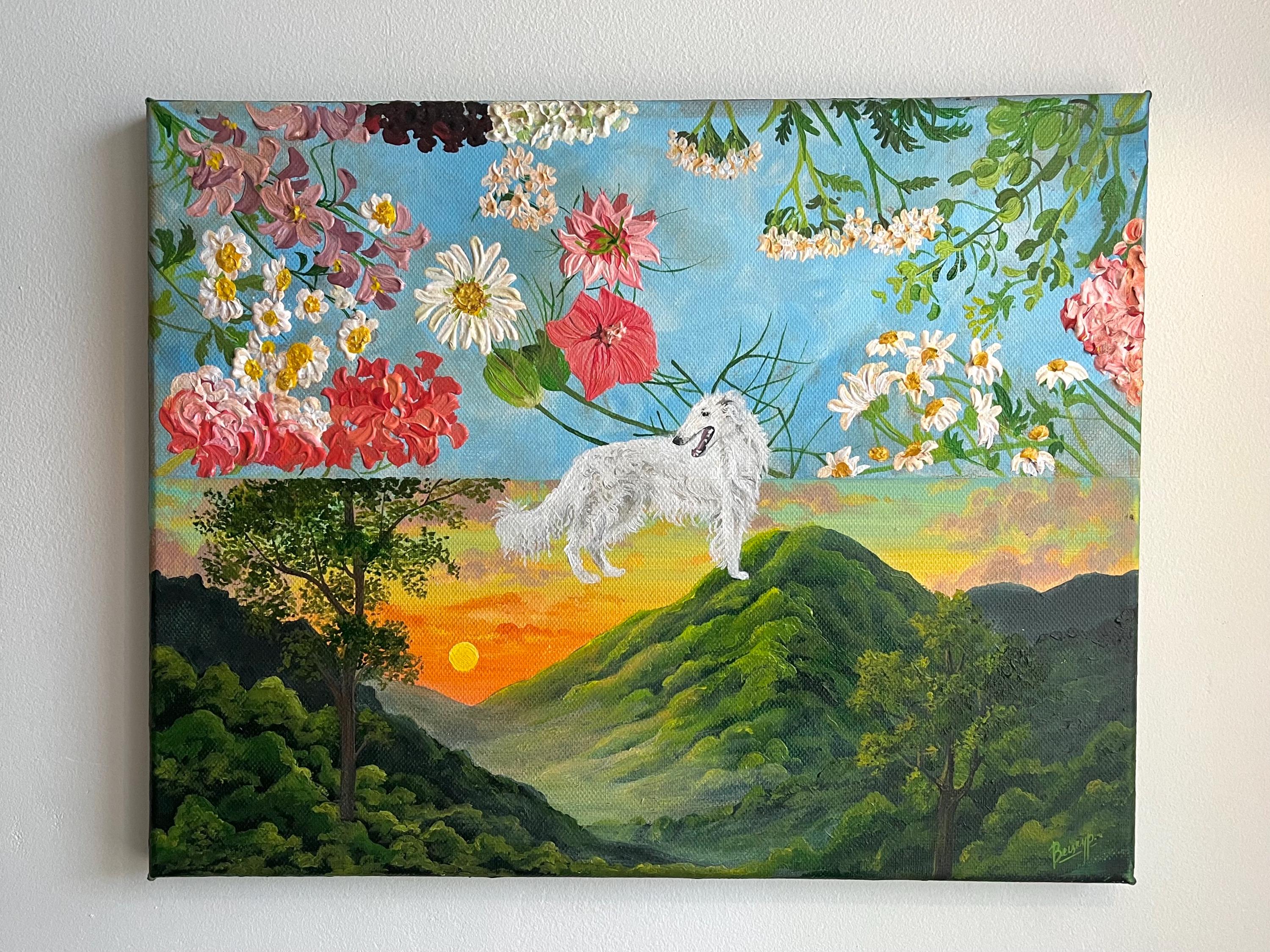 Original Acrylic Painting – Borzoi Dog – Floral Landscape Wall Art – One of a Kind Artwork on Canvas
