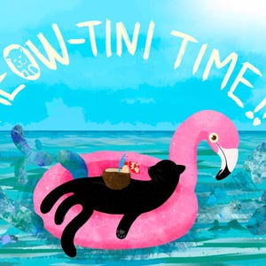 Carte postale de chat personnalisée - Chat relaxant sur un flamant rose avec cocktail - Impression d'art amusante pour animal de compagnie