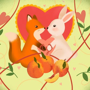 Tarjeta de San Valentín hecha a mano: un zorro y un conejito adorables que sostienen un corazón: ilustración romántica de animales