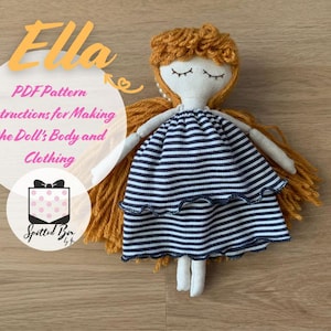 Op de afbeelding: PDF-patroon en instructies voor het maken van een pop genaamd Ella. De pop heeft een gestreepte jurk en bruin garenhaar. Het patroon is van Spotted Box.