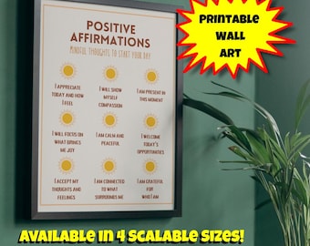 Positive Affirmations Digital Download | Motivational Print | Printable Wall Art for Home, Office, Therapy, Wellness & Morning Routine