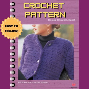 Könnte beinhalten: Ein Häkelmuster-Cover mit einer lila Jacke mit rundem Kragen und Knopfverschluss. Der Text "CROCHET PATTERN" und "Casual Comfort Jacket" sind zu sehen. Ein gelber Stern besagt "EASY TO FOLLOW!"