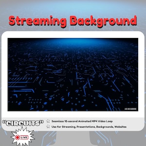 Könnte beinhalten: Ein animierter Hintergrund mit einem blauen und schwarzen Schaltkreisdesign. Der Hintergrund ist nahtlos und läuft 10 Sekunden lang in einer Schleife. Er ist ideal für Streaming, Präsentationen, Hintergründe und Websites. Der Text "CIRCUITS" befindet sich in der linken unteren Ecke, und der Text "LIVE" befindet sich in einem roten Kreis in der linken unteren Ecke.