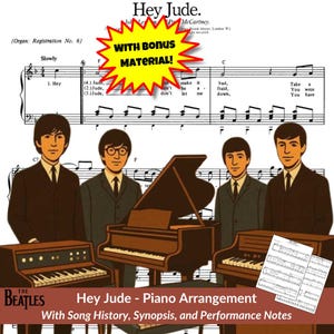 Può includere: Illustrazione dei Beatles con spartito di "Hey Jude". L'immagine include il testo "Hey Jude - Piano Arrangement" e "With Bonus Material!". I membri della band sono raffigurati con strumenti musicali.