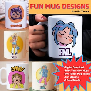 Print je eigen mokontwerpen Fun Girl-sublimatiebeker digitaal product POD Craft Project Slogan OMG Cartoon anime-personage Cricut Etsy