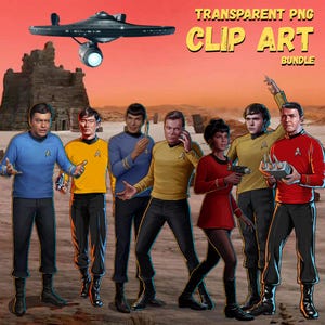 Puede incluir: Ilustración digital de personajes con uniformes de Star Trek, ambientada en un paisaje desértico, con una nave espacial encima. La imagen incluye el texto "TRANSPARENT PNG CLIP ART BUNDLE".