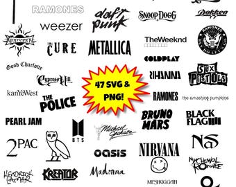 47 muziek SVG PNG-bundel | Retroband en door kunstenaars geïnspireerde ontwerpen | Rockpop hiphop-clipart | Cricut T-shirtmok POD-afbeeldingen | Downloaden
