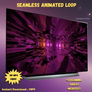 Op de afbeelding: Een tv-scherm toont een naadloze geanimeerde lus met een abstract ontwerp in paars en goud. Het scherm heeft bovenaan de tekst "SEAMLESS ANIMATED LOOP" en "HD MP4 VIDEO" in een gele ster. De onderkant leest "Instant Download - MP4" en vermeldt "STREAMING, VIDEOS, WEBSITES".