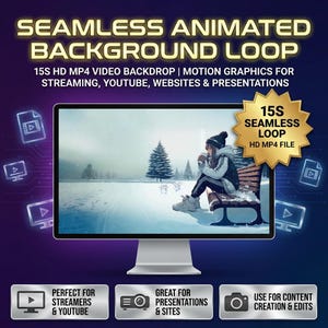 May include: A computer monitor displays a 15s seamless animated background loop of a person sitting on a bench in a snowy landscape. Text reads: SEAMLESS ANIMATED BACKGROUND LOOP, 15S HD MP4 VIDEO BACKDROP, 15S SEAMLESS LOOP HD MP4 FILE.
