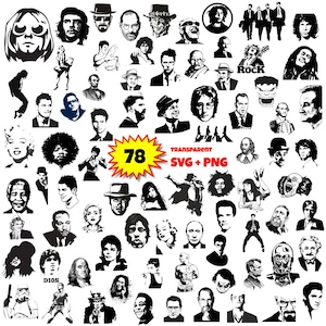 Pode incluir: Uma coleção de 78 retratos e silhuetas de celebridades em preto e branco, incluindo músicos, atores e figuras históricas. A imagem inclui o texto "78" em uma estrela amarela e "SVG + PNG".